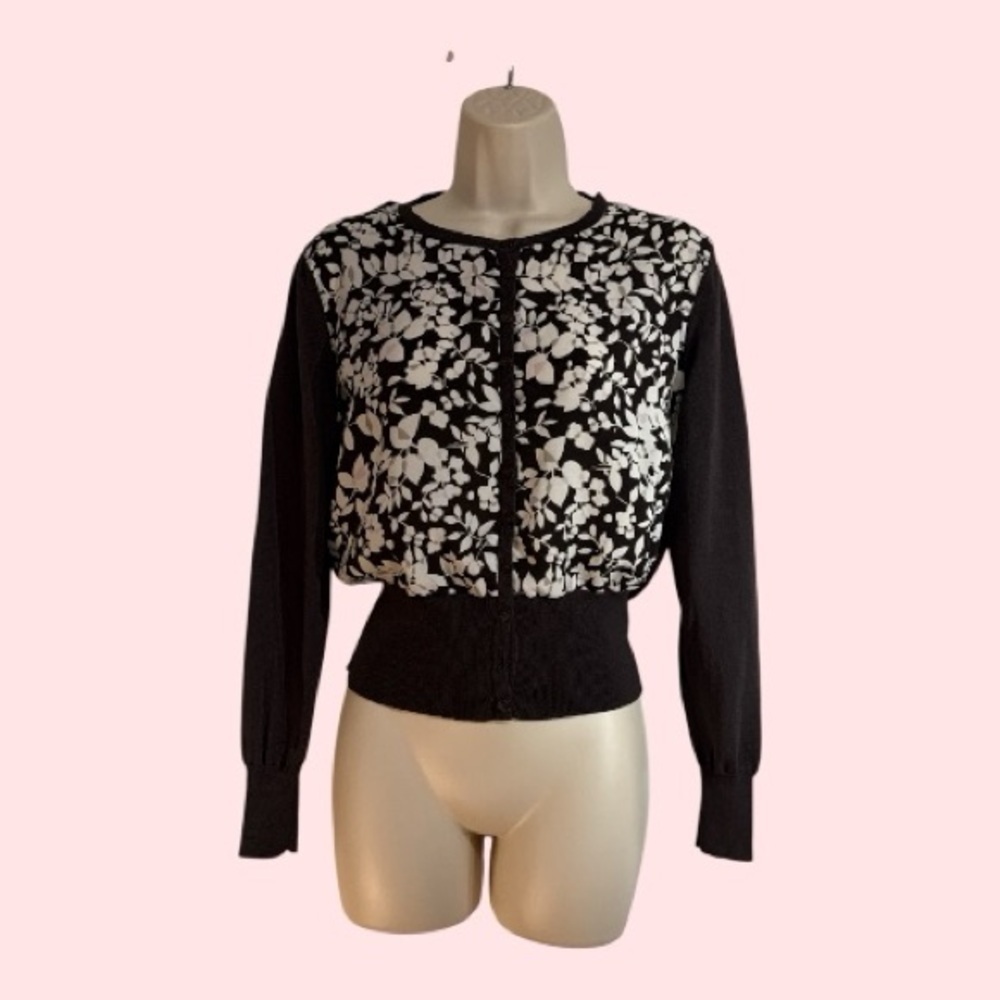 Kasper Lightweight Cardigan Sweater Button Down Top Dk Brown Floral Pattern Sm